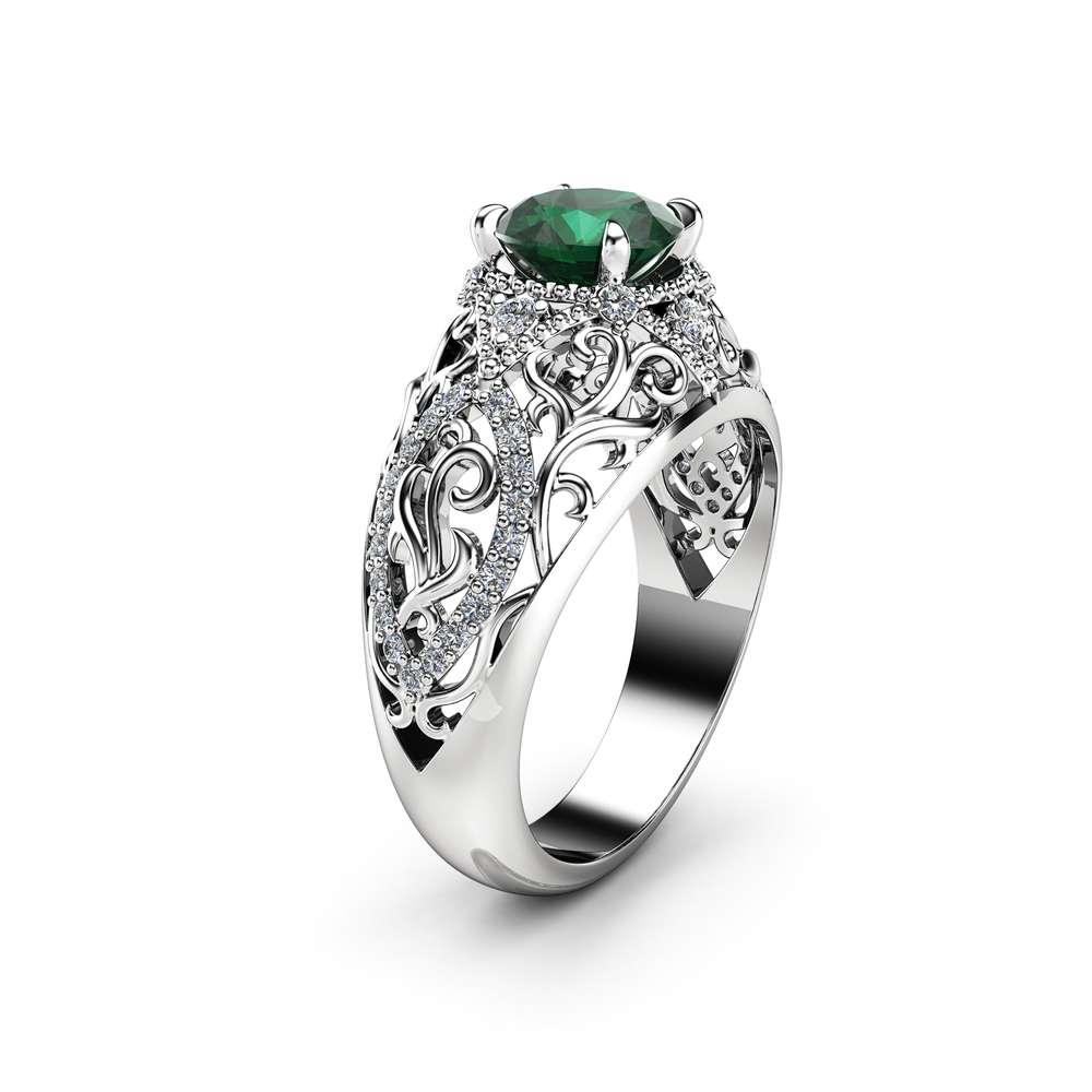 Emerald Unique Engagement Ring 14K 