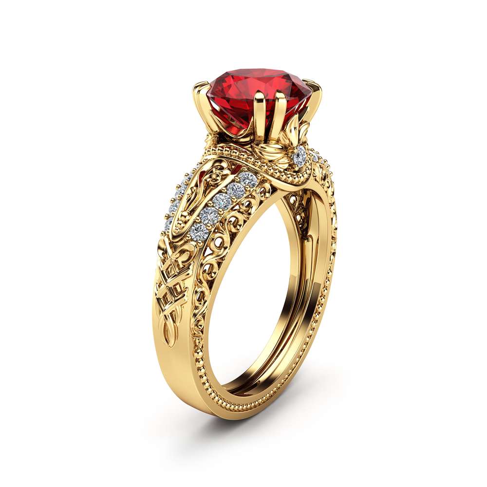 Ruby Unique Engagement Ring 14k Yellow Gold Natural Ruby Ring Vintage Unique Engagement Ring